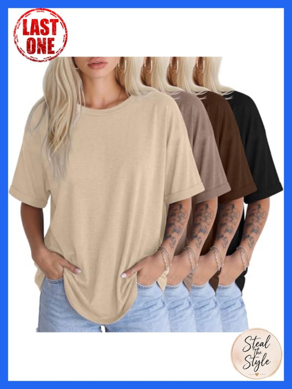 4 Pack Womens Oversized T-Shirts Cotton Spandex Rolled Cuff Crew Neck